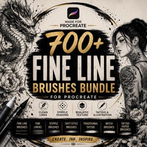 May include: A digital art bundle advertisement for Procreate, featuring a black and gold design. The text reads "700+ Fine Line Brushes Bundle." Icons represent brush features like clean lines, stipple shading, and realistic texture. A dragon and a woman with tattoos are also featured.