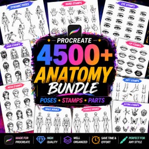以下が含まれることがあります： Procreateの解剖学バンドルで、4500以上のポーズ、スタンプ、パーツが含まれています。画像には、ダイナミックポーズ、ハンドスタンプ、アイスタンプ、ヘアスタンプ、ヘッドスタンプ、リップスタンプ、フットスタンプ、エクストラストンプなど、さまざまな解剖学的参照が含まれています。バンドルはよく整理されています。