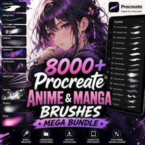 Peut inclure: Pack de pinceaux d'art numérique pour Procreate, avec plus de 8000 pinceaux pour anime et manga. L'image présente une illustration numérique d'une femme aux cheveux violets, tenant un stylet et une tablette.