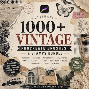 Może przedstawiać: Pakiet sztuki cyfrowej z tekstem "ULTIMATE 1000+ VINTAGE PROCREATE BRUSHES & STAMPS BUNDLE". Projekt zawiera elementy vintage, motyla i logo aplikacji Procreate. Słowa kluczowe: sztuka cyfrowa, Procreate, pędzle, stemple.