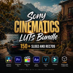 Pode incluir: Imagem promocional para um pacote de LUTs de edição de vídeo. O texto diz "Sony CINEMATICS LUTS Bundle" com "150+ SLOG3 AND REC709". Inclui ícones de software para DaVinci Resolve, Premiere Pro, Final Cut Pro, After Effects, VEGAS Pro, Filmora e .CUBE.