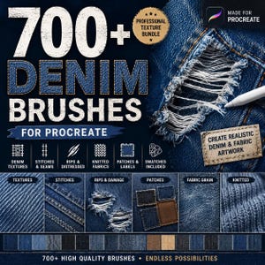 Op de afbeelding: Digitale kunstbundel voor Procreate met 700+ denim penselen. Inclusief texturen, steken, scheuren, patches en stofstalen. De afbeelding toont een denim textuur met een gescheurde patch en een digitale pen.