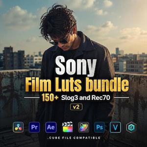 Pode incluir: Imagem de uma pessoa usando óculos de sol e um casaco escuro, com o texto "Sony Film Luts bundle" em branco e dourado. O texto abaixo diz "150+ Slog3 and Rec70" e "v2". Abaixo, ícones de aplicativos.
