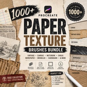 May include: A digital art bundle with over 1000 paper texture brushes for Procreate. The image features various paper textures, including canvas, vintage paper, and newspaper. The text reads "Paper Texture Brushes Bundle" and "Perfect for digital art, junk journals, sketches, illustrations & more!"