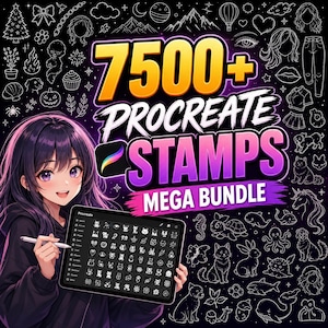 Könnte beinhalten: Werbebild für ein digitales Kunstpaket. Es zeigt einen Anime-Charakter, der ein Tablet mit Procreate-Stempeln hält. Das Bild enthält den Text "7500+ Procreate Stamps Mega Bundle" in Gelb und Lila, umgeben von Doodle-Illustrationen.