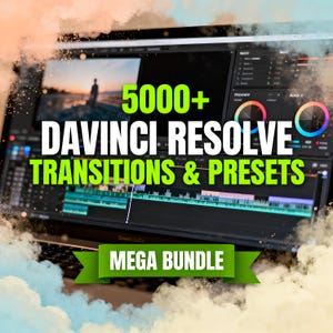 May include: A laptop screen displaying the DaVinci Resolve interface, with the text "5000+ DaVinci Resolve Transitions & Presets" in green and white. A green banner reads "MEGA BUNDLE". The background features a sunset scene.