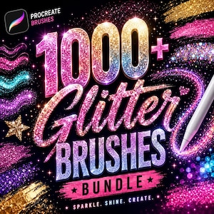 Op de afbeelding: Een digitale kunstafbeelding met de tekst "1000+ Glitter Brushes Bundle" in sprankelend roze, oranje en blauw. De afbeelding bevat een stylus en voorbeelden van glitter penseelstreken op een zwarte achtergrond. De woorden "Sparkle. Shine. Create." staan onderaan.