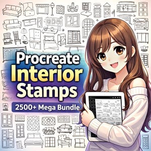 Könnte beinhalten: Eine Illustration eines lächelnden Anime-Charakters, der ein Tablet mit Innenraumdesign-Stempeln hält. Das Bild zeigt den Text "Procreate Interior Stamps" und "2500+ Mega Bundle" mit verschiedenen Möbelzeichnungen im Hintergrund.