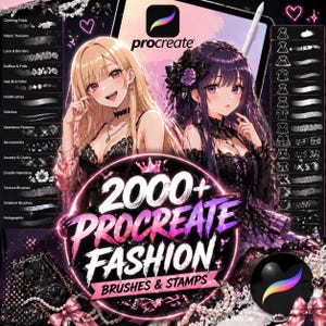 May include: Digital art graphic featuring two anime-style women with long hair, surrounded by Procreate brushes and stamps. The image includes the Procreate logo and text that reads "2000+ Procreate Fashion Brushes & Stamps."