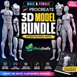 Pacote de modelos 3D masculino e feminino para Procreate | Partes anatômicas separadas (Download digital)