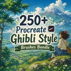 May include: Digital art bundle with the text "250+ Procreate Ghibli Style Brushes Bundle" over a scenic landscape. A person with a red bow sits on a hill overlooking a valley and mountains. The Procreate app logo is visible.