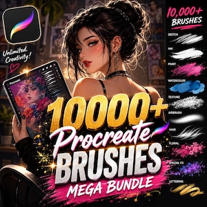 May include: Digital art bundle advertisement featuring a woman holding a tablet displaying Procreate. The image highlights "10,000+ Procreate Brushes" with brush categories like sketch, ink, paint, and watercolor. The text "Unlimited Creativity!" is also visible.