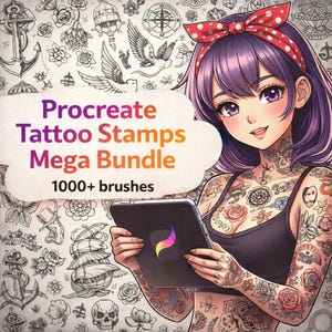 May include: Digital art bundle for Procreate with tattoo stamps. The image features a woman with purple hair and tattoos holding a tablet. The text reads "Procreate Tattoo Stamps Mega Bundle" and "1000+ brushes". The background has tattoo-themed illustrations.
