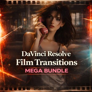 Puede incluir: Imagen de una mujer sosteniendo un teléfono rosa retro. El texto "DaVinci Resolve Film Transitions MEGA BUNDLE" se muestra en blanco y rosa. La imagen tiene un borde de película vintage.
