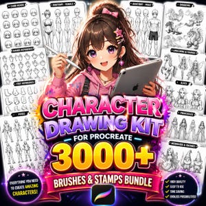 Könnte beinhalten: Ein digitales Kunstpaket für Procreate mit einem Charakter-Zeichen-Kit mit über 3000 Pinseln und Stempeln. Das Bild enthält Referenzen für Anatomie, Posen und verschiedene Fantasy-Charaktere wie Drachen, Elfen und Meerjungfrauen.