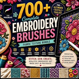 Może przedstawiać: Reklama cyfrowych pędzli do haftu dla Procreate, z tabletem wyświetlającym kwiatowe wzory haftu. Obraz promuje "700+ Complete Embroidery Brushes" i "Fabric Texture Bundle". Ikony reprezentują elementy haftu. Tekst brzmi "Stitch. Sew. Create. Realistic Embroidery Art Made Easy in Procreate."