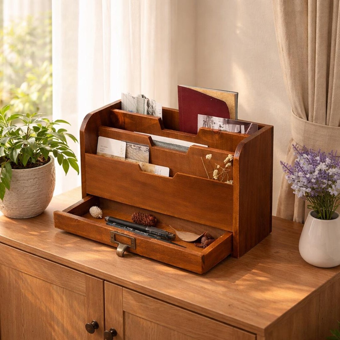 Vintage Wooden Desktop Organizer Drawer Box, Multipurpose Storage for ...