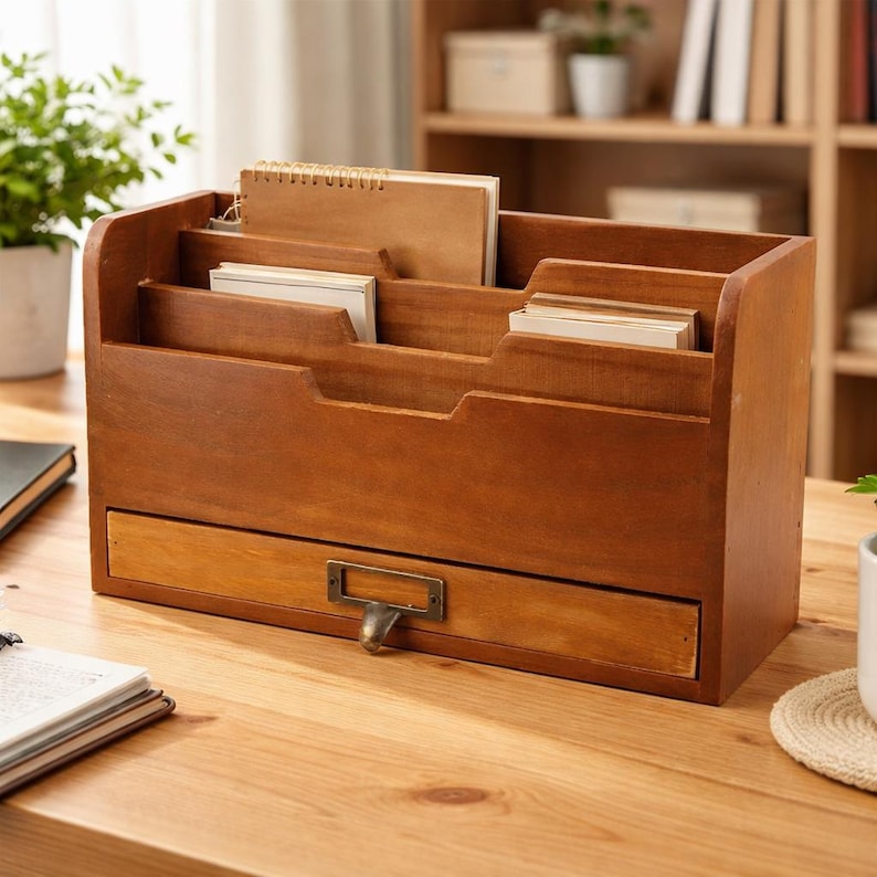 Vintage Wooden Desktop Organizer Drawer Box, Multipurpose Storage for ...