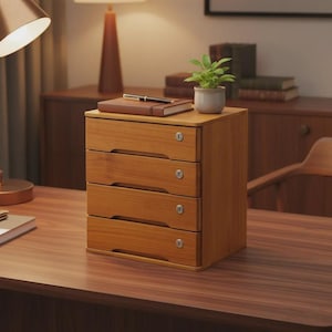 May include: A small, wooden desk organizer with four drawers. The organizer is made of light brown wood and has a lock on each drawer. A small potted plant and a notebook with a pen rest on top of the organizer.