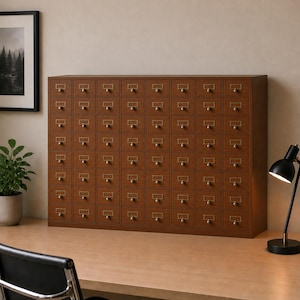 May include: A brown wooden cabinet with numerous small drawers, each with a brass-colored pull. The cabinet is rectangular and sits on a wooden desk. A black desk lamp and a framed picture are also visible.