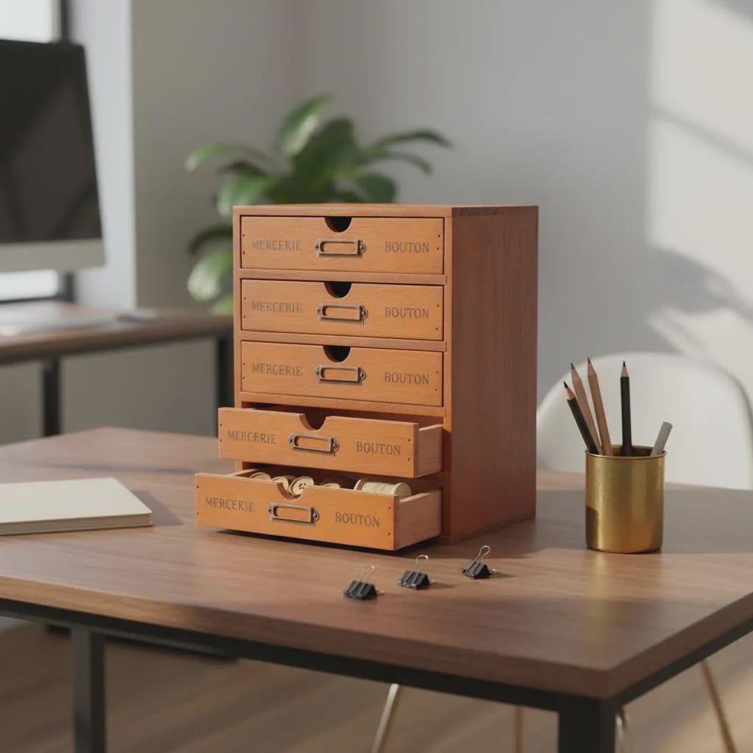 Vintage 5 Drawer Wood Cabinet Desk Organizer With Label Slots, Retro ...