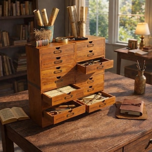 May include: A wooden desktop organizer with ten small drawers, each featuring a metal label holder and the word "MERCERIE" printed on the front. Several drawers are open, revealing various small tools and papers inside the storage unit.
