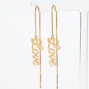 Gold Plated Threader Earrings, Brass Love Word Pull Through Earrings, Cursive Script Name Earrings, Minimalist Vertical Dangle Chains