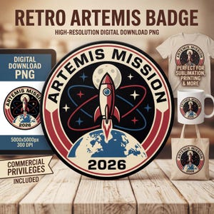 May include: A retro Artemis badge design featuring a rocket launching from Earth, surrounded by stars and planets. The design is shown on a digital download, t-shirt, mug, and tote bag. The text includes "Artemis Mission" and "2026".