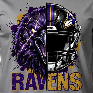 May include: A graphic design featuring a split image of a raven and a football helmet. The raven is purple with yellow lightning bolt accents. The helmet is black with purple and gold details. The word "RAVENS" is displayed in purple and gold.