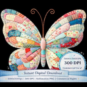 Patchwork Butterfly PNG, Cottagecore Sublimation Design (Digital Download)