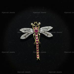 May include: A dragonfly brooch with a gold-tone body and wings encrusted with small, sparkling stones. The dragonfly's body is adorned with a line of red gemstones. The brooch is set against a black background.