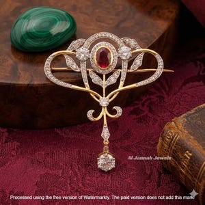 Elegante broche de broche con rubí rojo ovalado de 3 quilates creado en laboratorio y chapado en oro amarillo de 14 quilates.