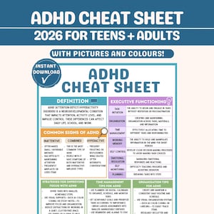 Puede incluir: Hoja de trucos TDAH 2026 para adolescentes y adultos, una guía imprimible con imágenes y colores. Incluye definiciones, signos comunes, funcionamiento ejecutivo y estrategias.