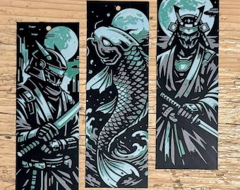 Uppsättning med 3 bokmärken för 3D Samurai & Koi Carp