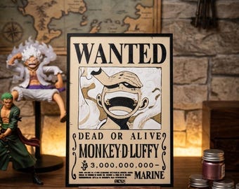 Wanted Luffy Gear 5 Poster 10 x 15 cm | 3D Vintage Effect Print | One Piece Anime Decoration