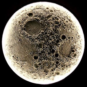 Può includere: Rappresentazione circolare e dettagliata della luna su sfondo nero. La superficie lunare è strutturata con numerosi crateri di varie dimensioni, creando un effetto realistico e tridimensionale. La tavolozza dei colori è principalmente in scala di grigi, con luci e ombre.