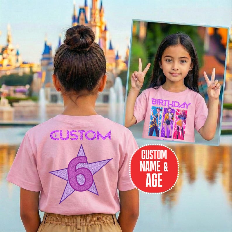 Puede incluir: Una camiseta rosa claro con la palabra CUSTOM en texto morado sobre una gran estrella de purpurina morada con el n&uacute;mero 6 dentro. La camiseta se muestra desde atr&aacute;s, mientras una imagen insertada muestra el frente con el texto BIRTHDAY.