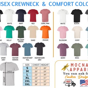 Puede incluir: Una carta de colores para camisetas unisex de cuello redondo que muestra varios tonos, incluyendo negro, blanco, azul marino, rojo, rosa coral, rosa claro, kelly, verde militar, arena, naranja, flor, marfil, azul hielo, gris deportivo, granate, cerceta, gris oscuro, baya, musgo y espuma de mar.