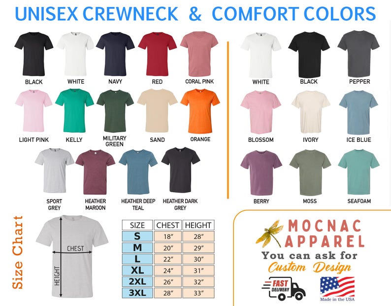 Puede incluir: Una carta de colores para camisetas unisex de cuello redondo que muestra varios tonos, incluyendo negro, blanco, azul marino, rojo, rosa coral, rosa claro, kelly, verde militar, arena, naranja, flor, marfil, azul hielo, gris deportivo, granate, cerceta, gris oscuro, baya, musgo y espuma de mar.