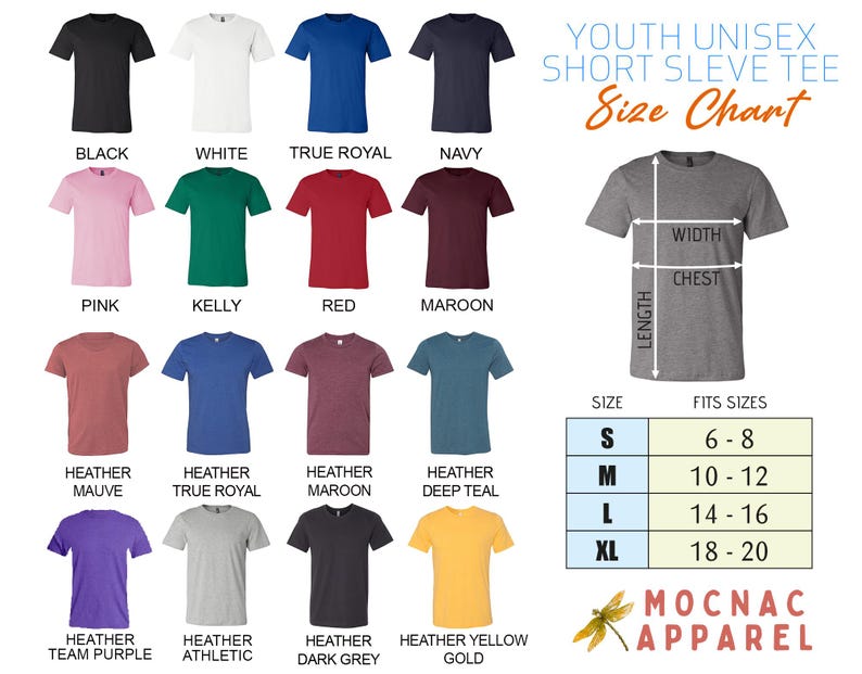 Puede incluir: Una tabla de tallas de camisetas unisex para j&oacute;venes que muestra diecis&eacute;is camisetas de colores s&oacute;lidos y jaspeados en negro, blanco, azul real, marino, rosa, kelly, rojo, granate, malva, verde azulado, morado, atl&eacute;tico, gris oscuro y oro.