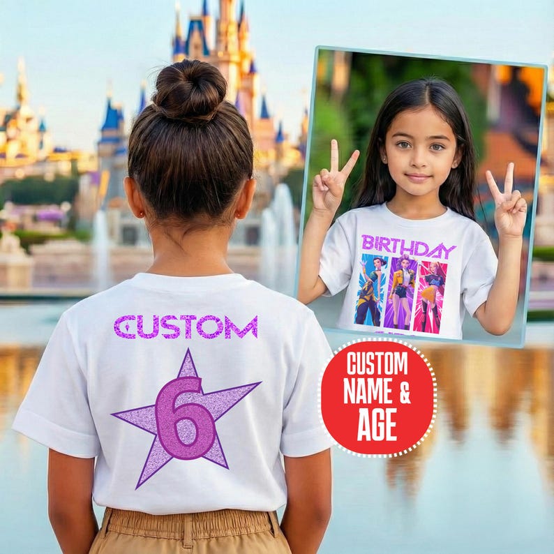 Puede incluir: Una camiseta blanca con un gr&aacute;fico de estrella de purpurina morada con el n&uacute;mero 6 en el centro y la palabra CUSTOM encima. La camiseta la lleva puesta una persona, con un recuadro que muestra el dise&ntilde;o frontal con la palabra BIRTHDAY.