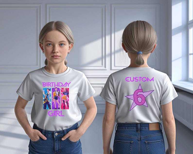 Puede incluir: Una camiseta blanca de manga corta con un gr&aacute;fico frontal de tres personajes animados y el texto BIRTHDAY GIRL en rosa. La parte posterior de la camiseta muestra el texto CUSTOM sobre una gran estrella rosa brillante que contiene el n&uacute;mero 6.