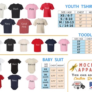 Puede incluir: Una colecci&oacute;n de camisetas de manga corta y bodys para beb&eacute;s en blanco, negro, rosa, rojo, azul marino, rosa coral y colores naturales. Incluye tablas de tallas para j&oacute;venes, ni&ntilde;os peque&ntilde;os y beb&eacute;s con medidas en pulgadas y texto MOCNAC APPAREL.