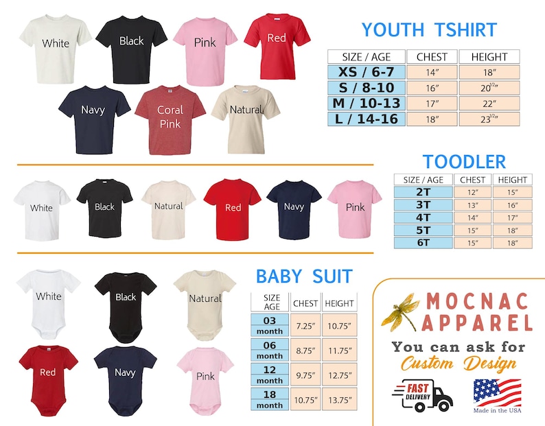 Puede incluir: Una colecci&oacute;n de camisetas de manga corta y bodys para beb&eacute;s en blanco, negro, rosa, rojo, azul marino, rosa coral y colores naturales. Incluye tablas de tallas para j&oacute;venes, ni&ntilde;os peque&ntilde;os y beb&eacute;s con medidas en pulgadas y texto MOCNAC APPAREL.