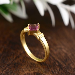 Pink Ruby Ring Gold Brass Minimalist Square Gemstone Ring Dainty Stackable Elegant Everyday Jewelry Gift for Her