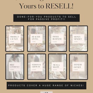 May include: An advertisement for digital products to resell. The image features eight digital product mockups, each with a different theme, such as "Product Launch" and "Healthy Living." Text at the top reads "1,000+ Digital Products Yours to RESELL!"