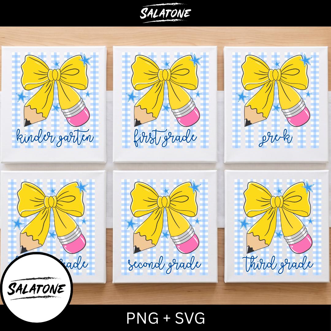 Bow Pencil Back to School SVG PNG Bundle, Grade Level Sublimation Design, Pre-K Kindergarten 1st 2nd 3rd Grade Shirt File