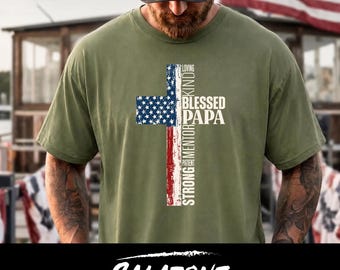 Blessed Papa PNG | American Flag Cross Sublimation | 4th of July Grandpa Gifts | Mens Christian Church Shirt | Faith Based Religious Art
