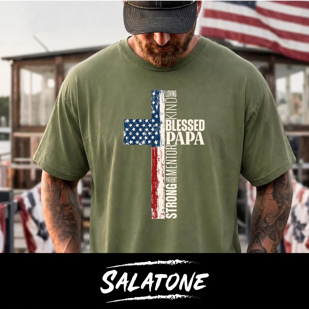 Blessed Papa PNG | American Flag Cross Sublimation | 4th of July Grandpa Gifts | Mens Christian Church Shirt | Faith Based Religious Art