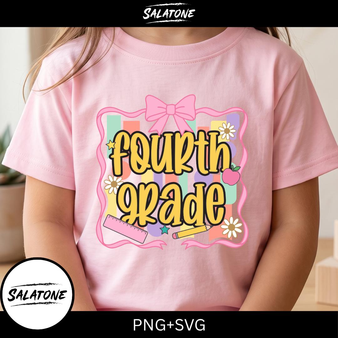 Fourth Grade PNG Sublimation Design, Retro Bow Back To School Shirt Png, Girls 4th Grade Teacher Digital Download